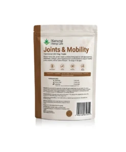 Back of the CBD dog treats Joints & Mobility pouch with ingredients, analytical constituents and feeding guide