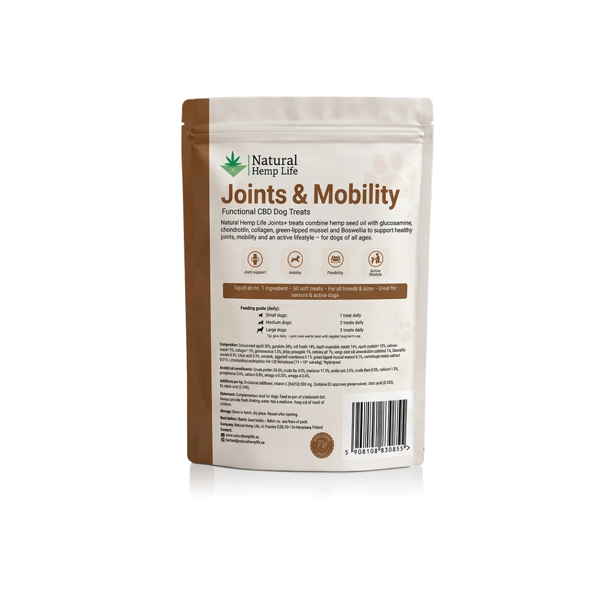 Back of the CBD dog treats Joints & Mobility pouch with ingredients, analytical constituents and feeding guide