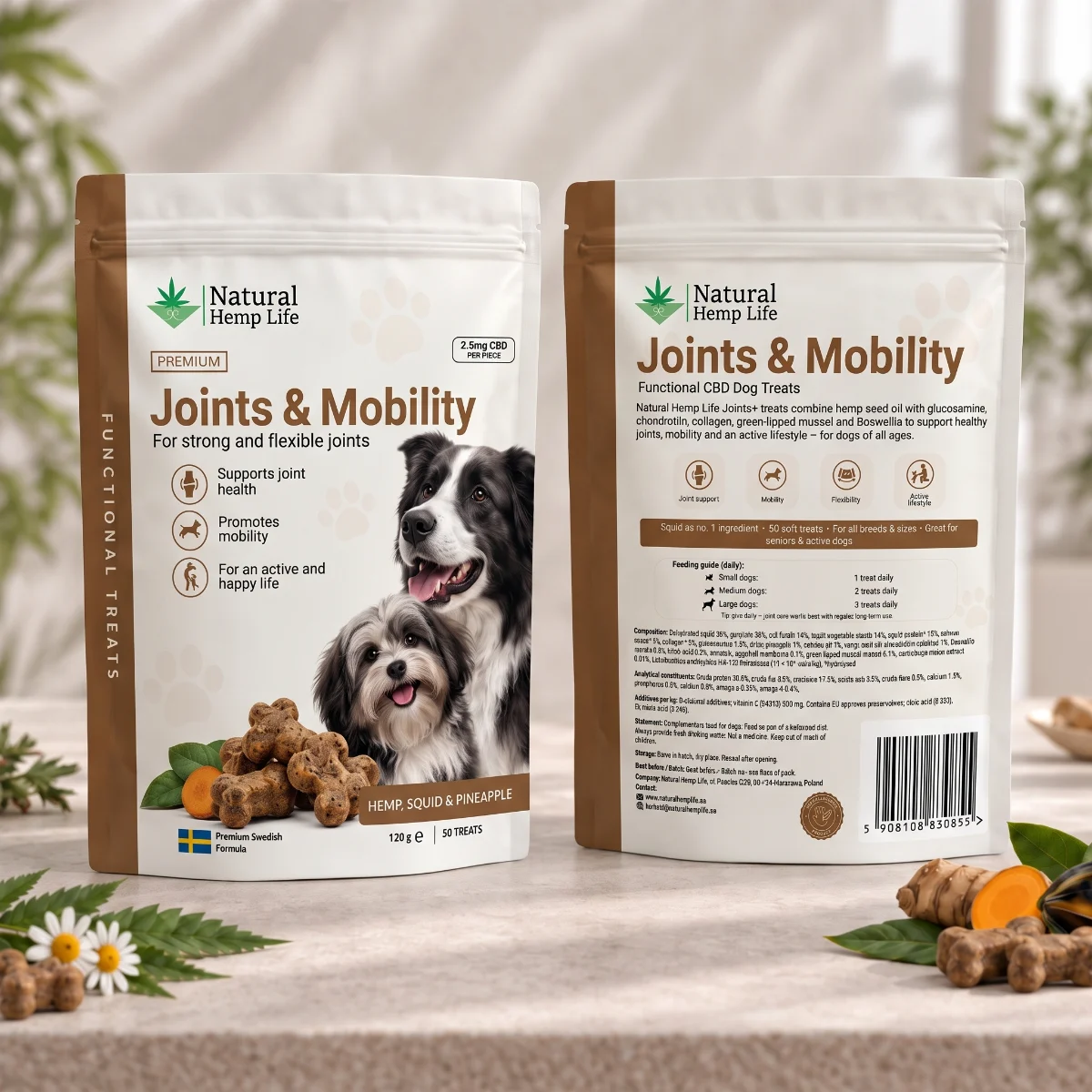 Front and back of the CBD dog treats Joints & Mobility 125mg pouch from Natural Hemp Life
