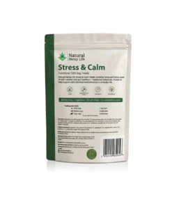 Back of the CBD dog treats Stress & Calm pouch with ingredients, analytical constituents and feeding guide